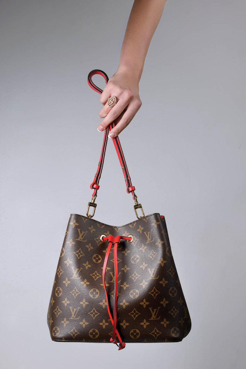 14K white gold and diamond Fashion by Hale’s ring, price available upon request. From Hale’s Jewelers; Louis Vuitton NéoNoé bucket bag, $2,500. From Monkee’s of the West End.