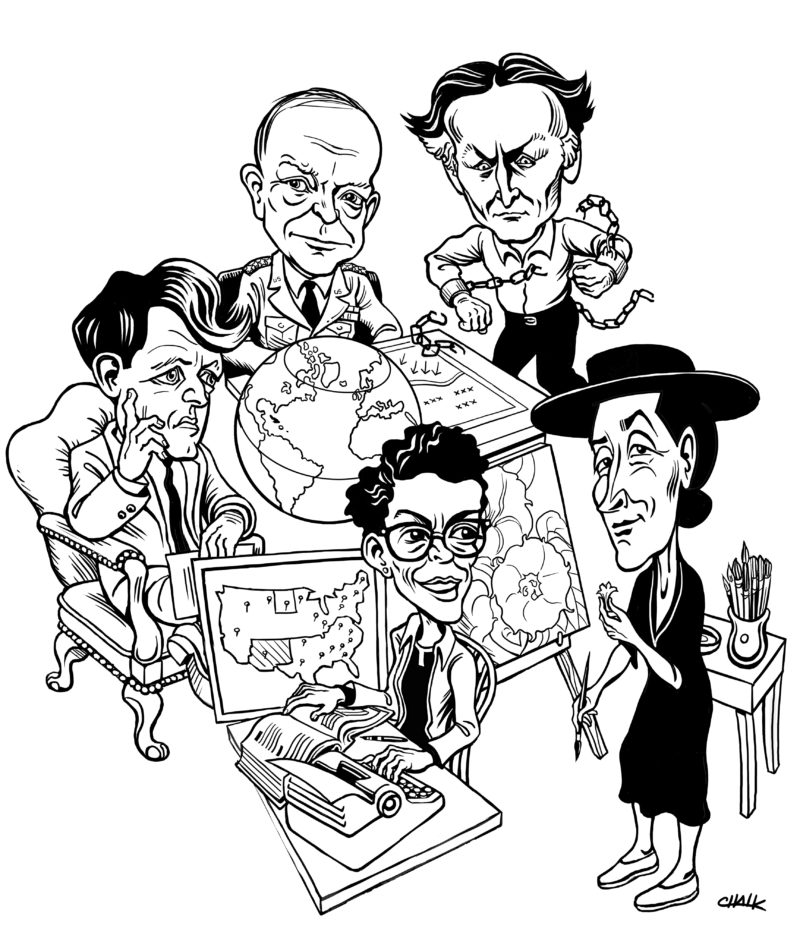 Illustration of President Dwight D. Eisenhower, Harry Houdini, artist Georgia O'Keeffe, civil rights activist Pauli Murray, and Robert F. Kennedy
