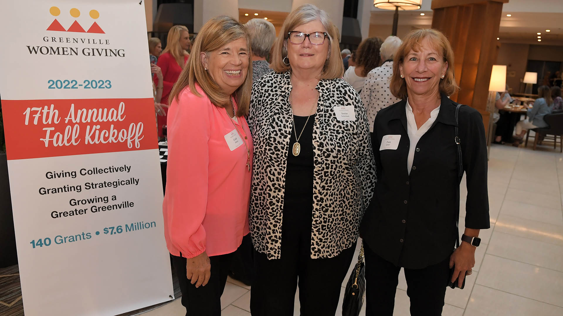Cindy Felice, Denise Guterman, and Pam Levy enjoy the evening. Greenville Women Giving kicked off it's 17th Season with a special Gala at the Embassy Suites Wednesday, September 14, 2022. GWINN DAVIS MEDIA