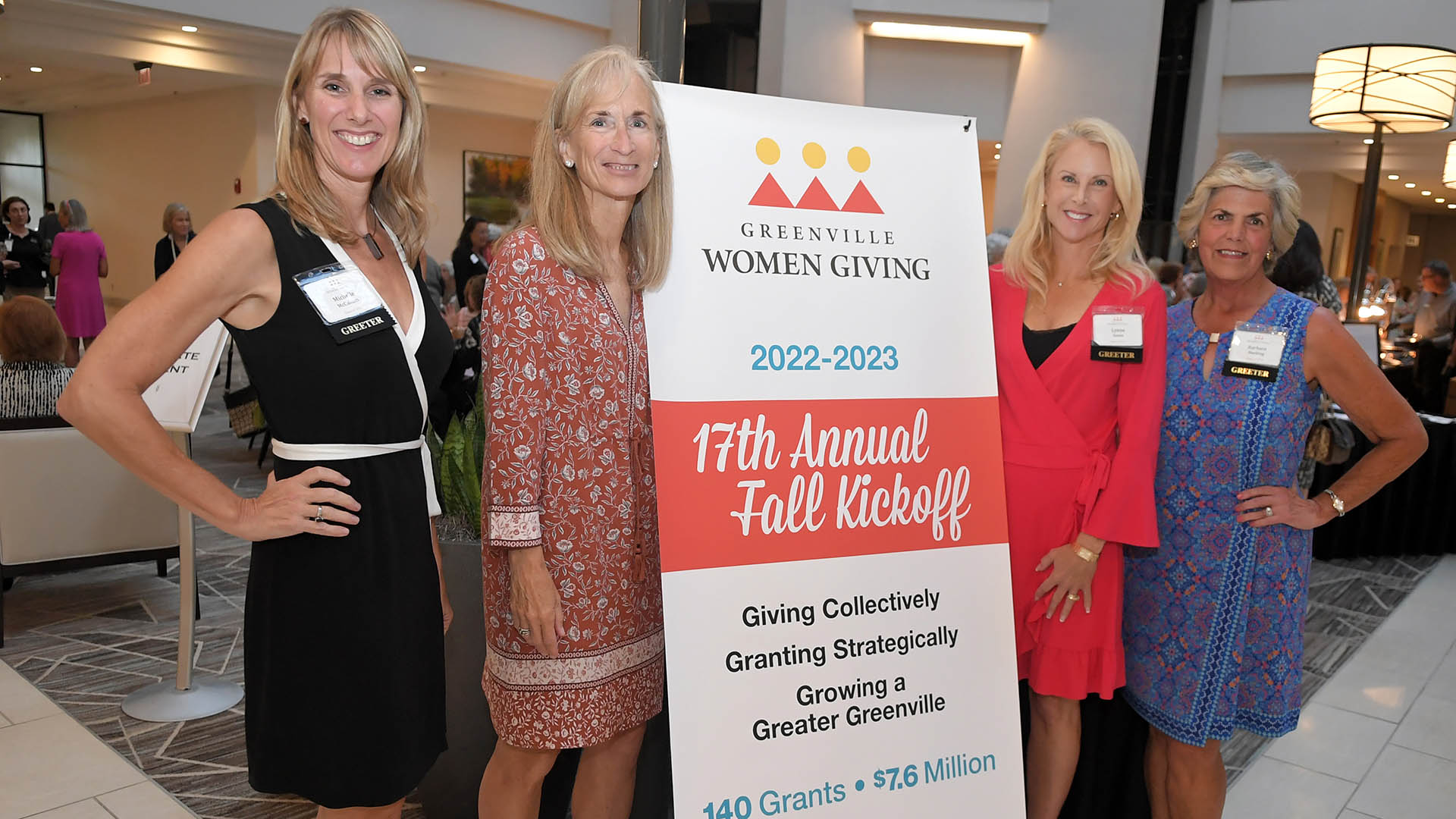 Michelle McCullum, Susan Cinquemani, Lynne Jones, and Barbara Hocking greet guests. Greenville Women Giving kicked off it's 17th Season with a special Gala at the Embassy Suites Wednesday, September 14, 2022. GWINN DAVIS MEDIA